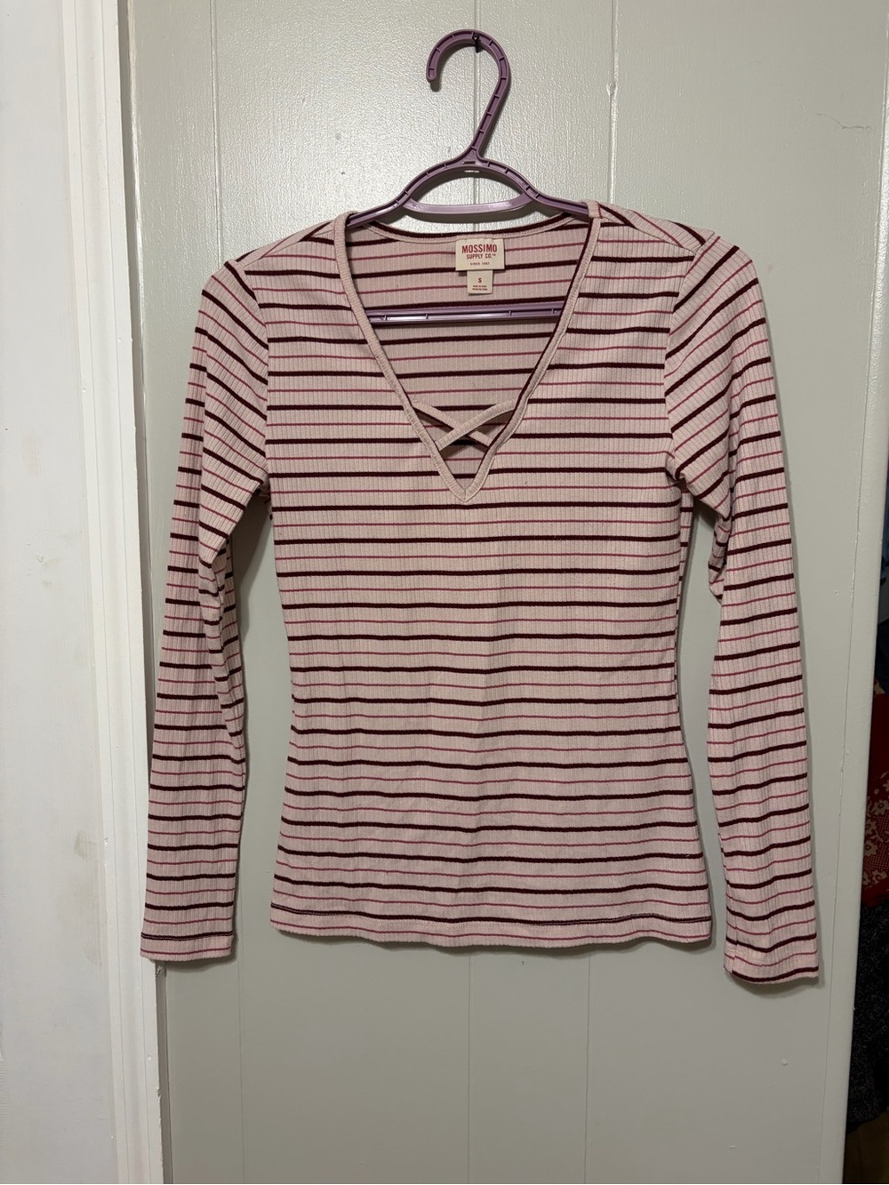 Mossimo Supply Co. Pink and Burgundy Striped Crisscross V-Neck Long Sleeve Top